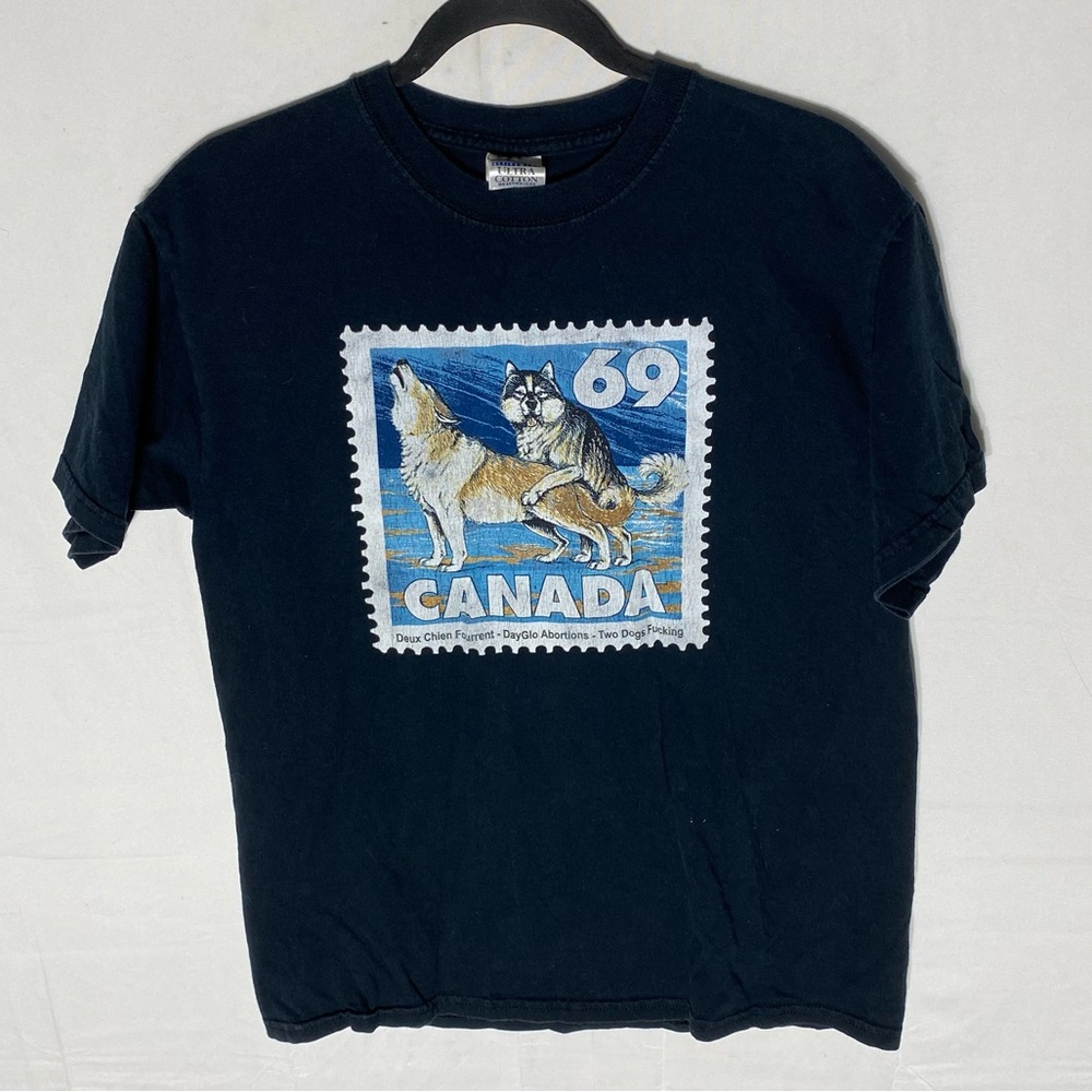 Vintage Y2K Gildan Black Dayglo Ab@rti@ns Two Dogs Forking Band Tee M Graphic T